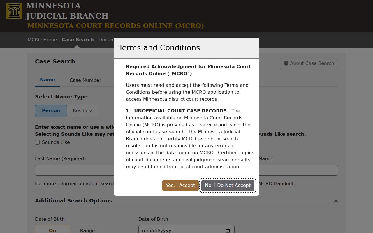 Minnesota Court Records Online case search fields used for a Martin County warrant search