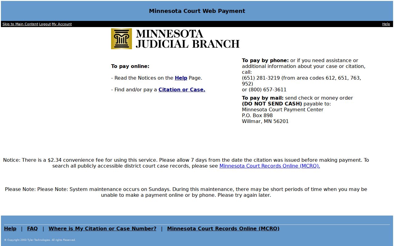 Minnesota court payment page showing the fine lookup used for Martin County traffic warrants
