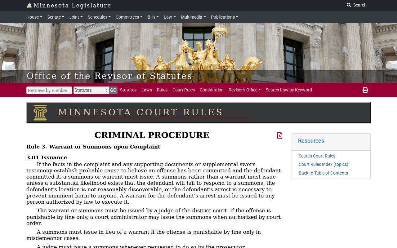 Minnesota court rule page describing probable cause and warrant issuance for Martin County arrest warrants