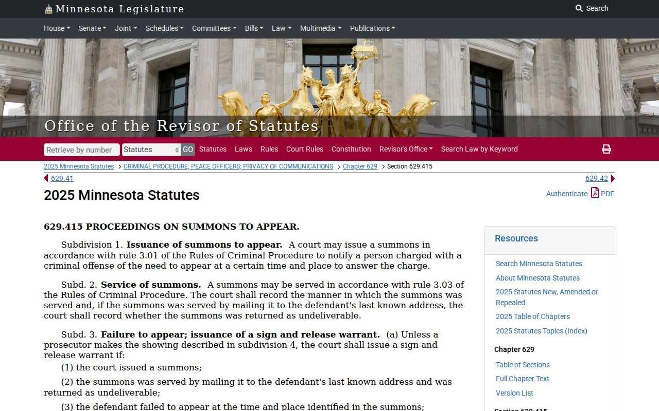 Minnesota statute page describing sign-and-release warrant conditions for Martin County bench warrants
