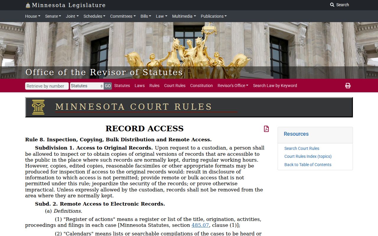 Minnesota court record access rule page covering Martin County warrant record limits