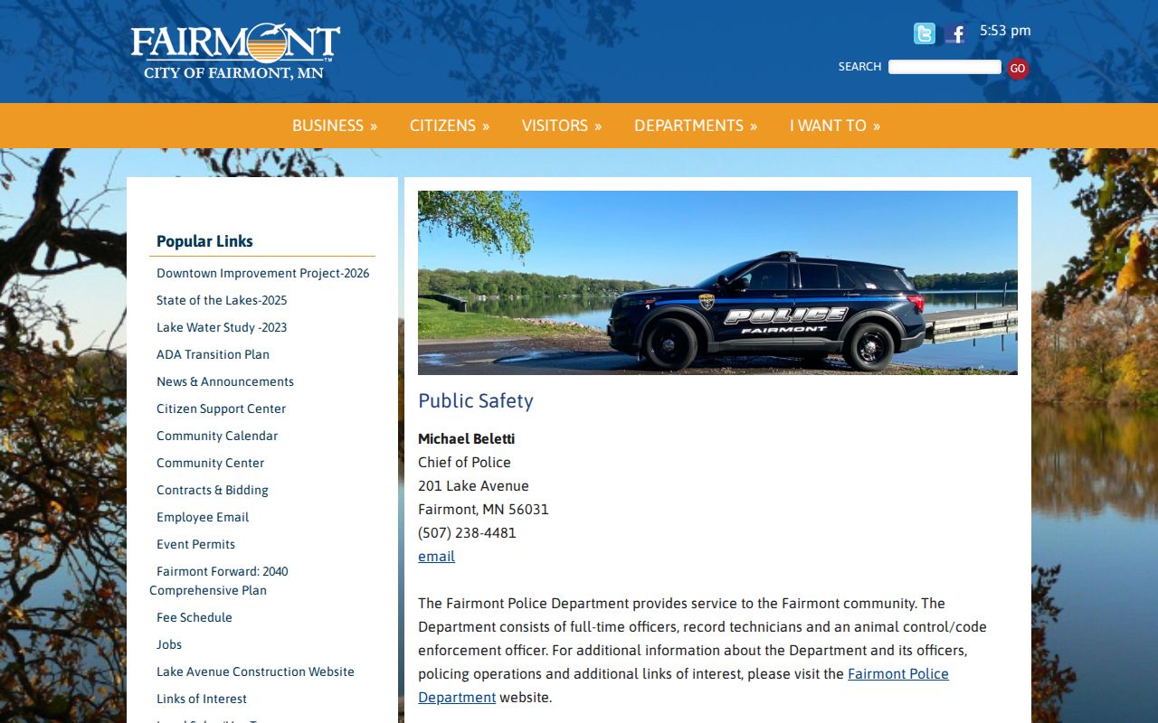 Fairmont Police Department contact page used for Martin County municipal court warrant checks