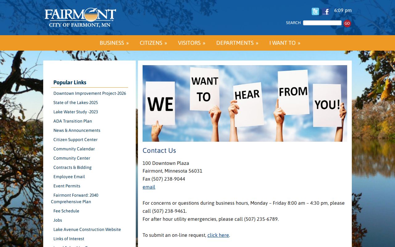 Fairmont City Hall contact page used for city questions about Fairmont warrant records in Martin County