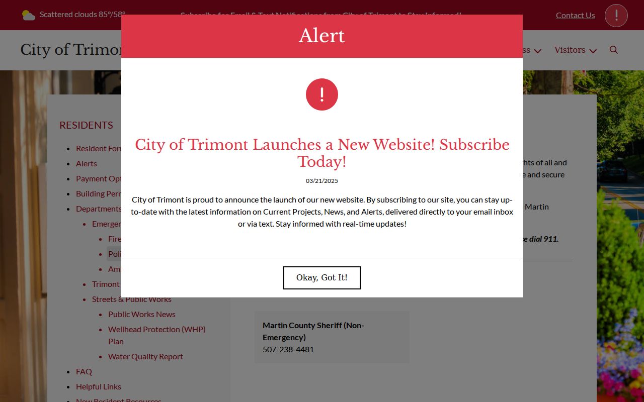 Trimont police page showing the county dispatch referral used for Trimont warrant records in Martin County