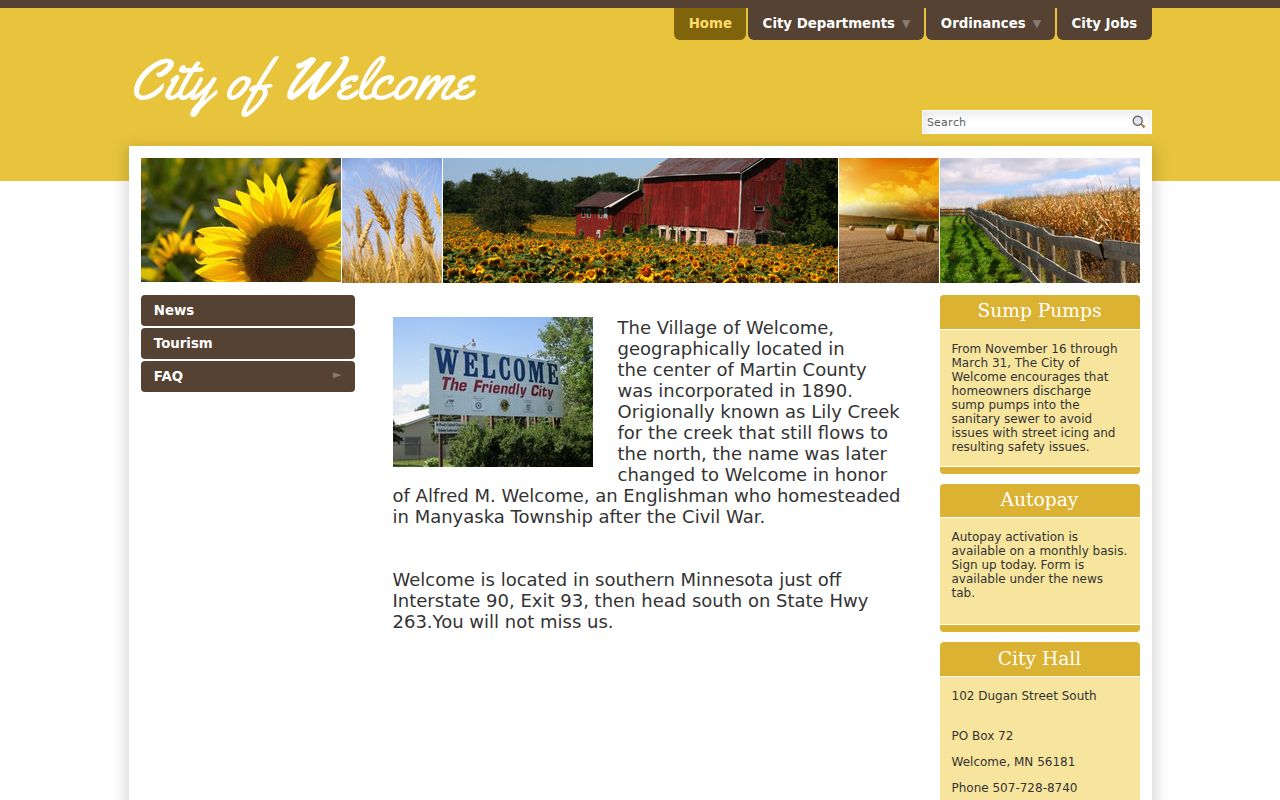 Welcome city page showing city hall details used for Welcome warrant records questions in Martin County