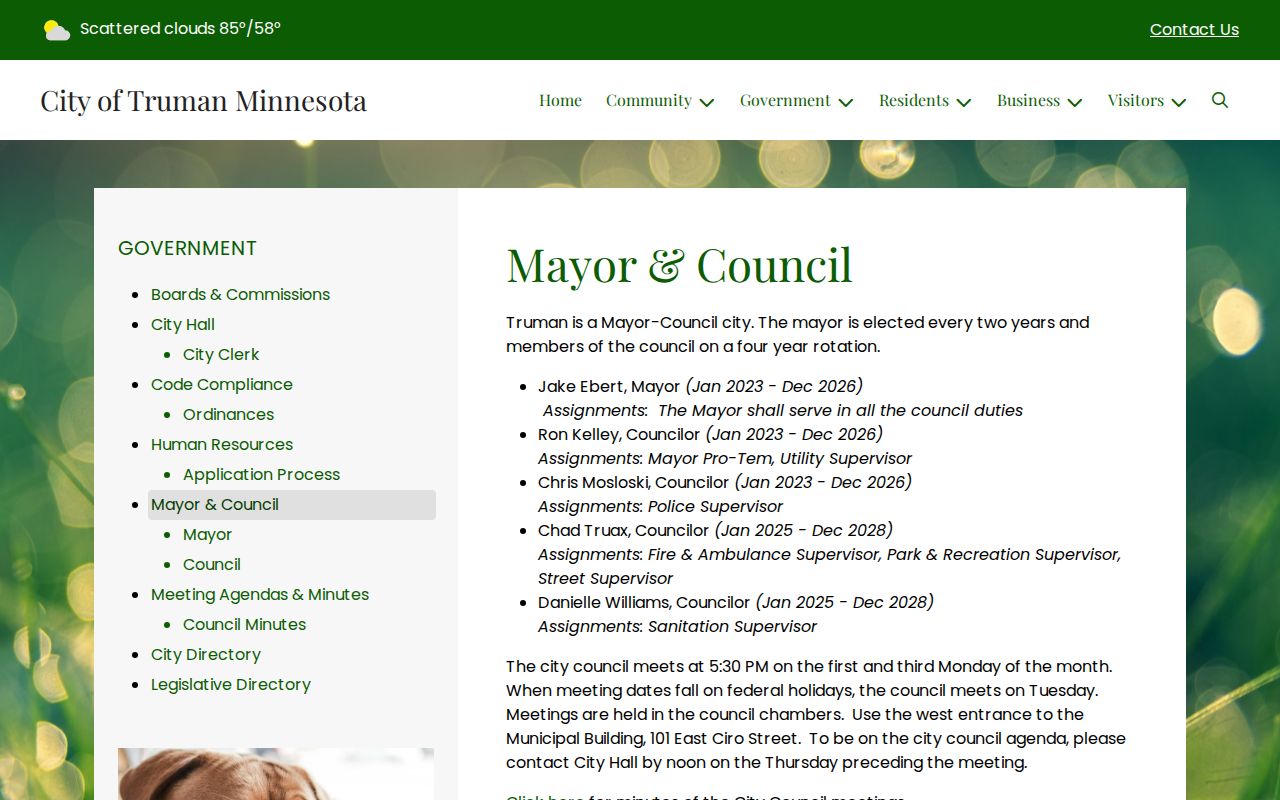 Truman municipal building page showing the city office used for questions about Truman warrant records in Martin County