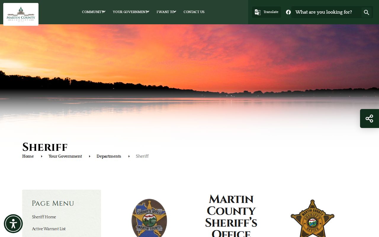 Martin County Sheriff overview page showing the Law Enforcement Center beside the courthouse, Martin County warrant records context
