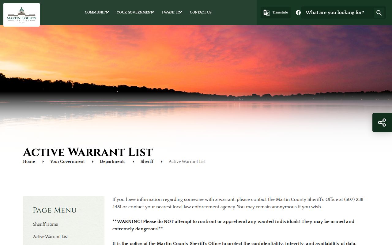 Martin County Sheriff active warrant landing page showing the biweekly Martin County active warrants list